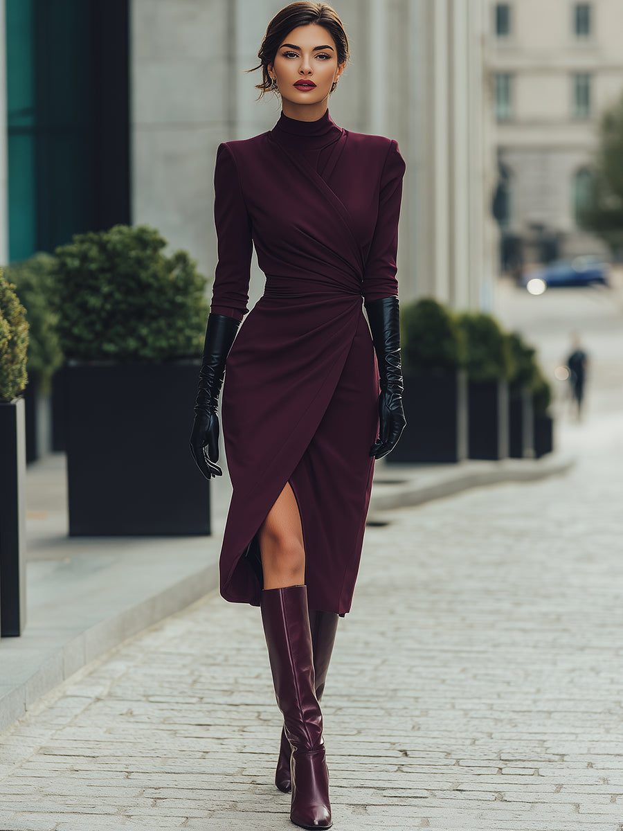 Deep Burgundy Draped Wrap Midi Dress