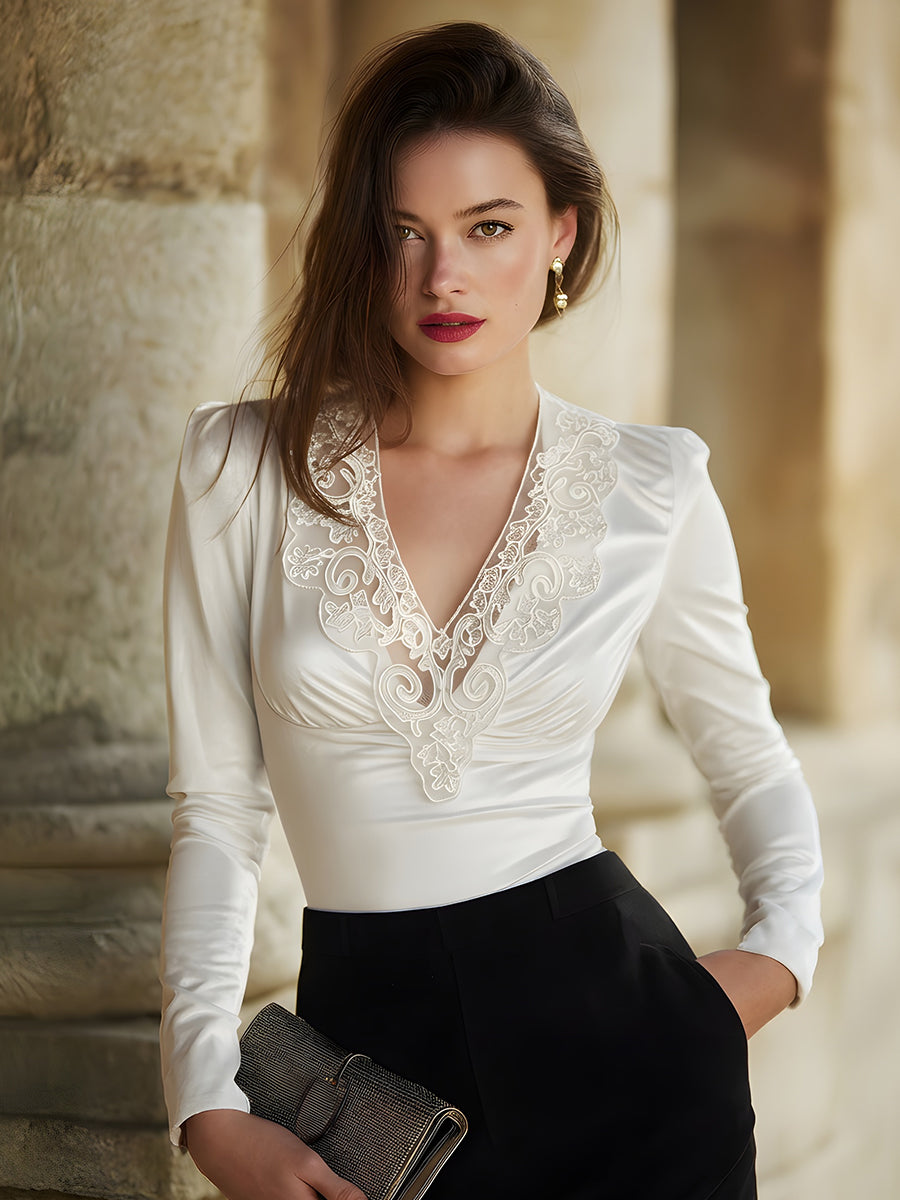 Satin Lace-Trimmed V-Neck Blouse