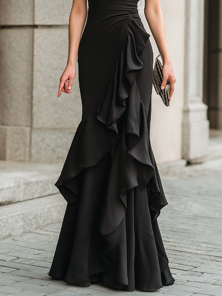 Flutter Sleeve Ruffled Evening Gown