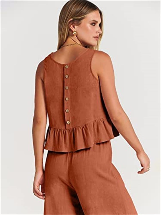 Sleeveless Pleated Vest Wide-Leg Cropped Pants Casual Suit