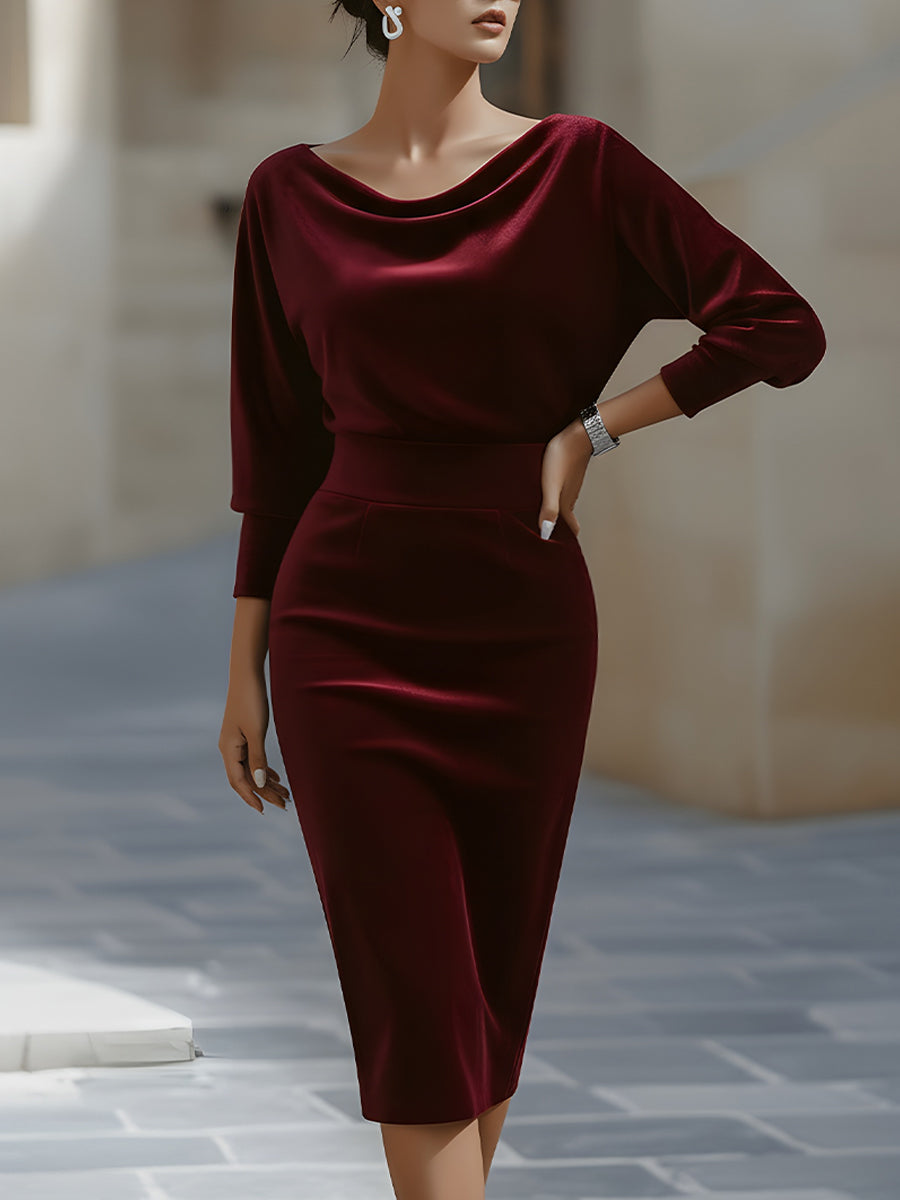 Draped Boat-Neck Velvet Pencil Dress