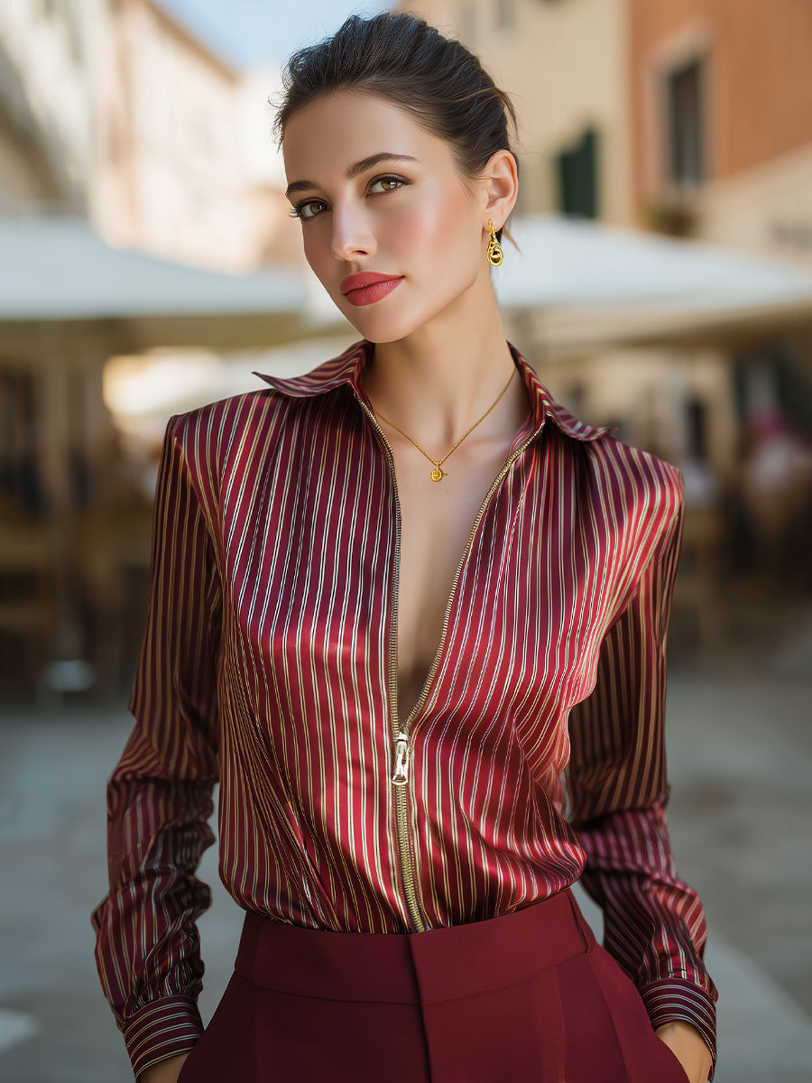 Chic Striped Zip-Front Satin Blouse