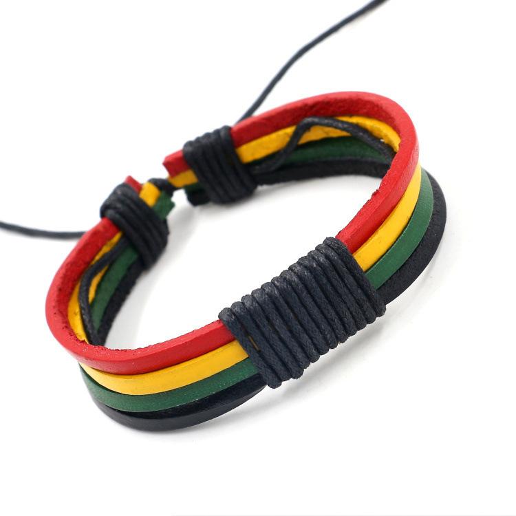 Red, Yellow and Green Handwoven Leather Bracelet