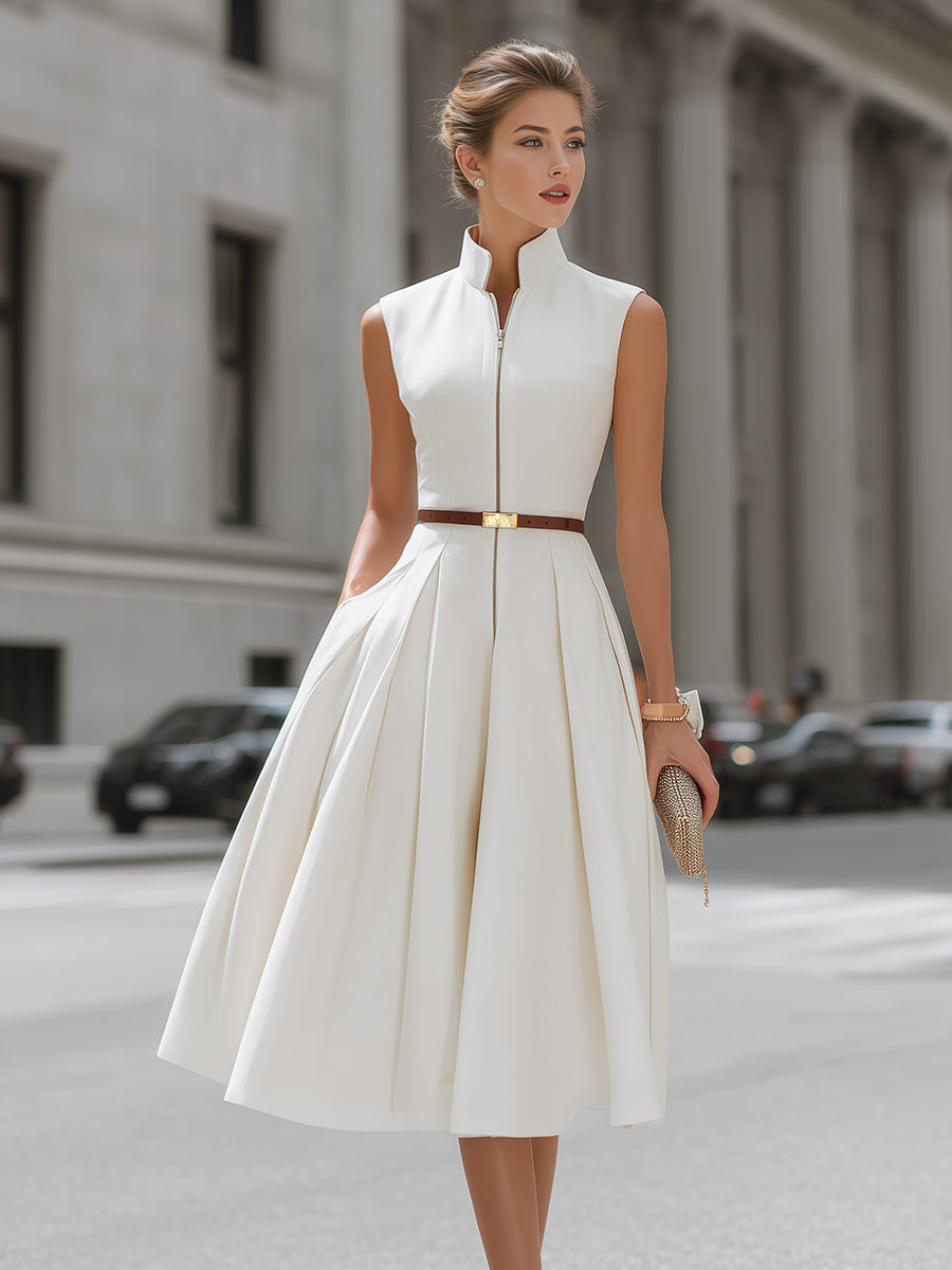 Sleeveless Zip-Front High-Neck Midi Dress
