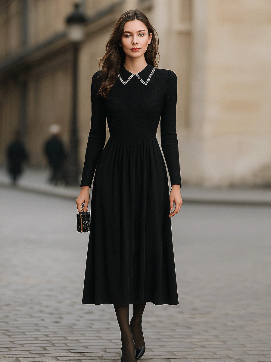 Black Long-Sleeve Midi Dress With Embellished Collar – KSXTXX