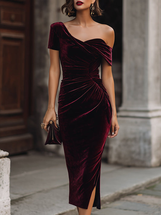 Midnight Asymmetrical Velvet Midi Dress ¨C Ruched Off-the-Shoulder Bodycon