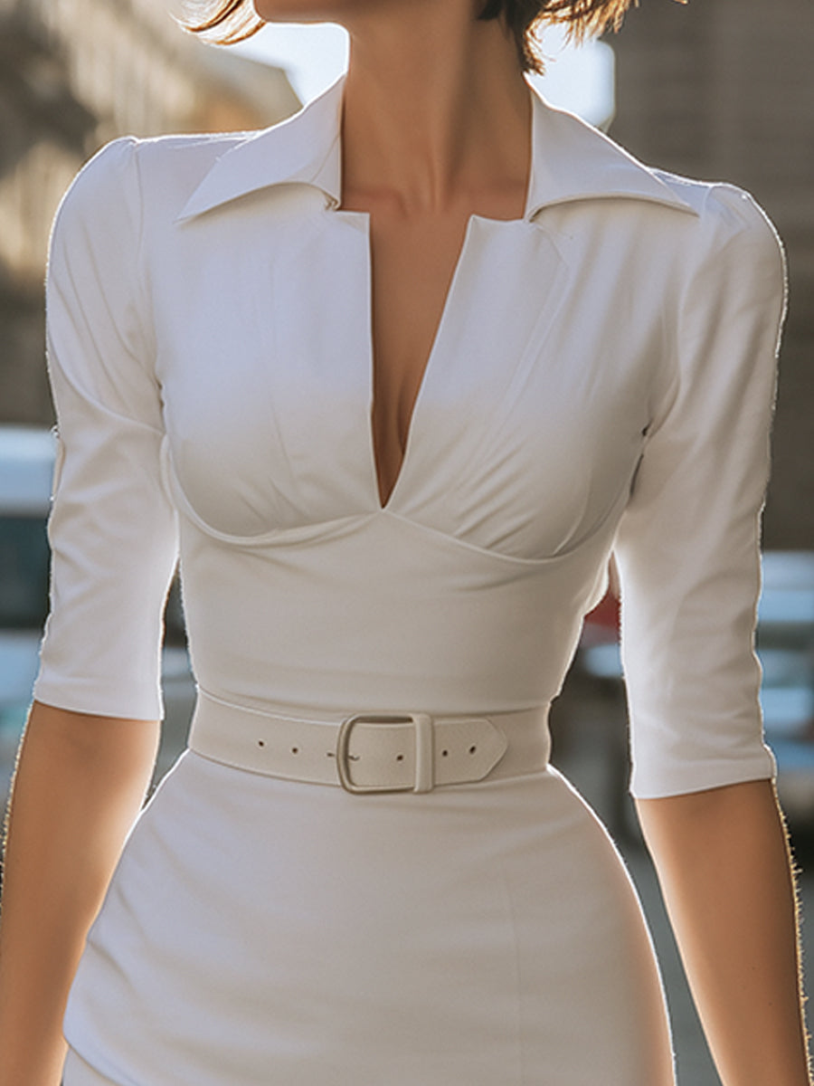 Elegant Belted V-Neck Tailored Midi Dress