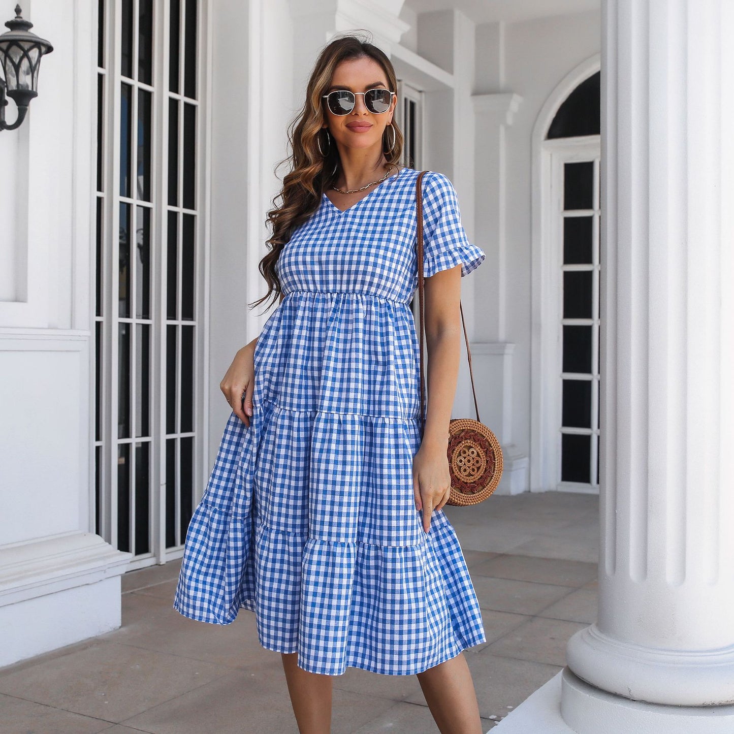 Ruffled V-neck Short Sleeve Large Swing Dress