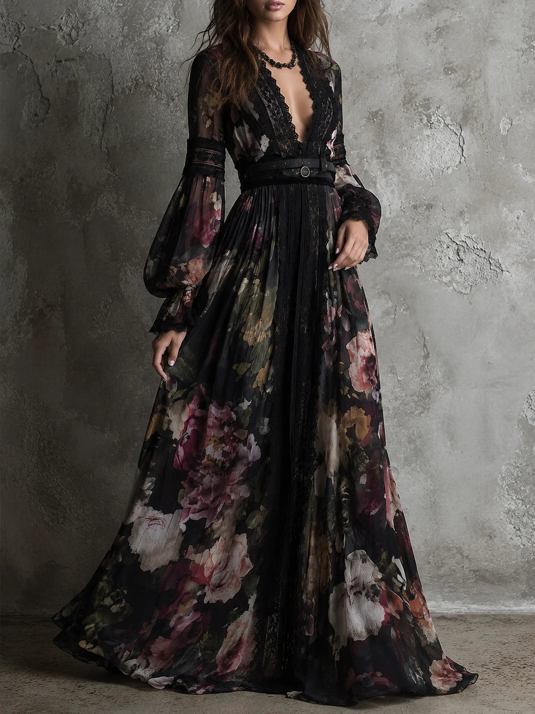 Bohemian Holiday Chiffon Printed Lace Maxi Dress