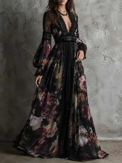 Bohemian Holiday Chiffon Printed Lace Maxi Dress