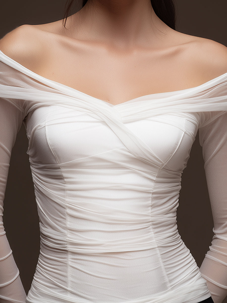 White Off-Shoulder Ruched Mesh Long Sleeve Top