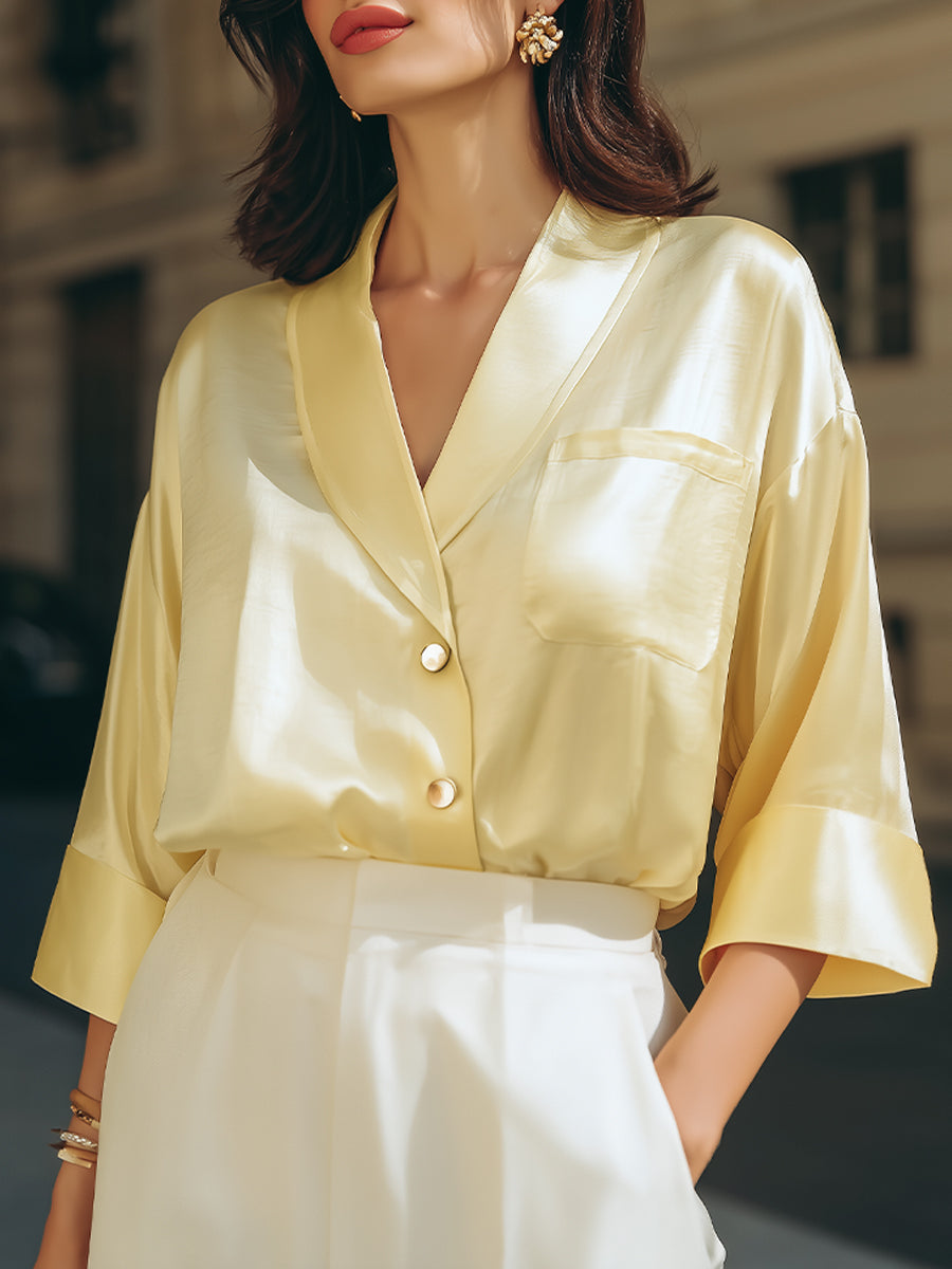 Soft Yellow Satin Wrap-Style Blouse With Relaxed Sleeves