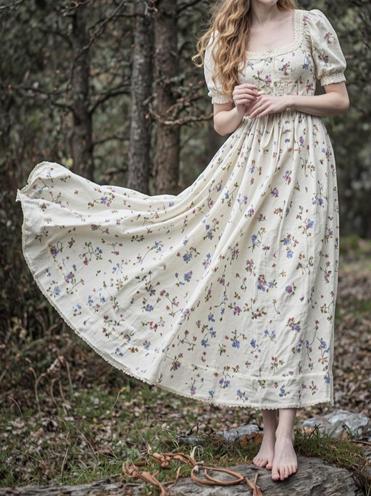 Maxi Linen Dress, Vintage, Floral, Summer, Lace Collar, High Waist, Short Sleeves, White