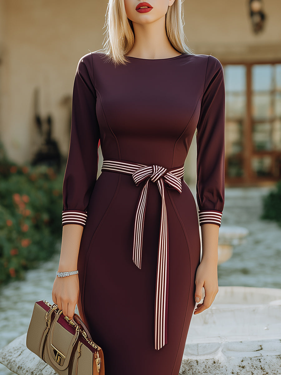 Striped-Belt Long Sleeve Midi Dress