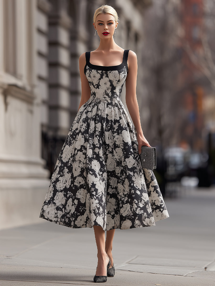 Square Neck Floral A-Line Maxi Dress