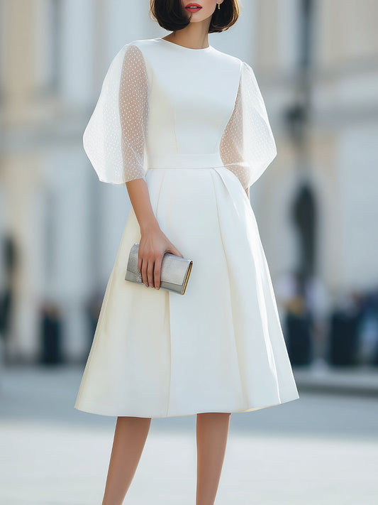 Sheer Puff Sleeve Fit And Flare Midi Dress