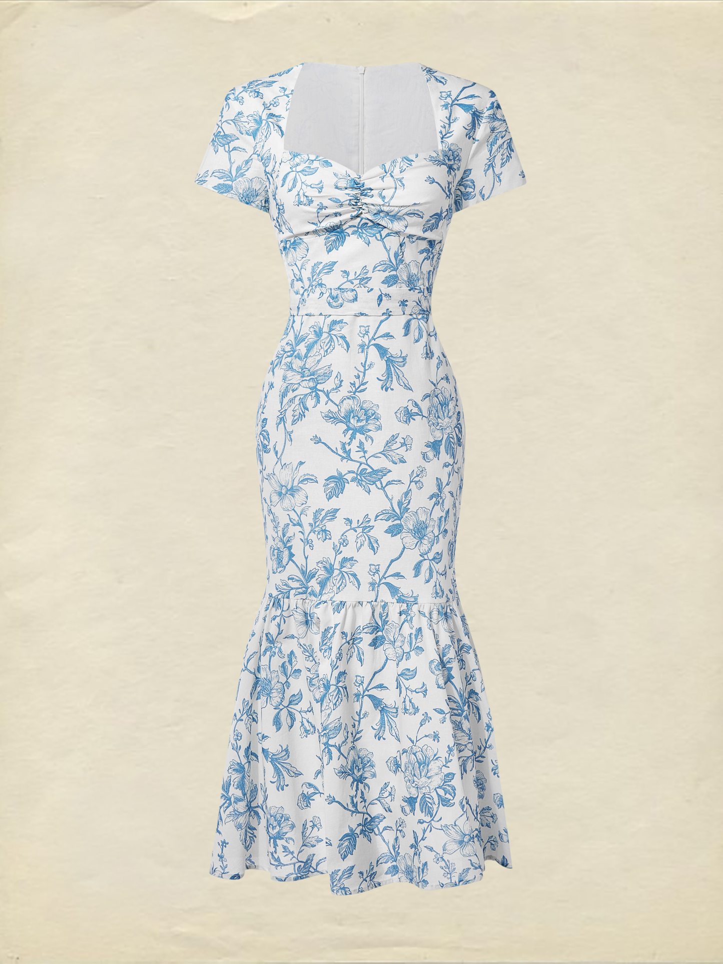 Midi Linen Dress, Short Sleeves, Sweetheart Neck, Floral, Ruffles, Vintage, Blue