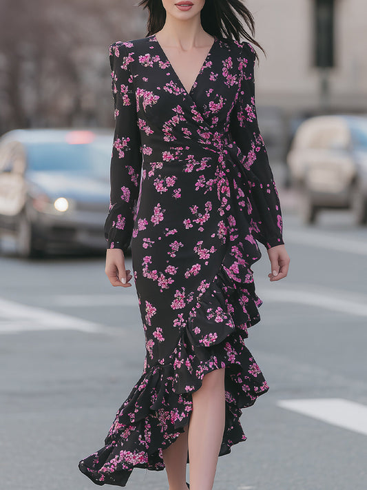 Black & Fuchsia Floral Wrap Midi Dress ¨C Bold Romanticism For Head-Turning Style