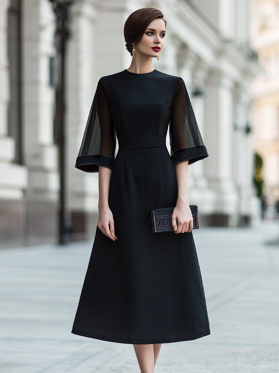 Sheer Sleeve Midi Dress With Structured Waist