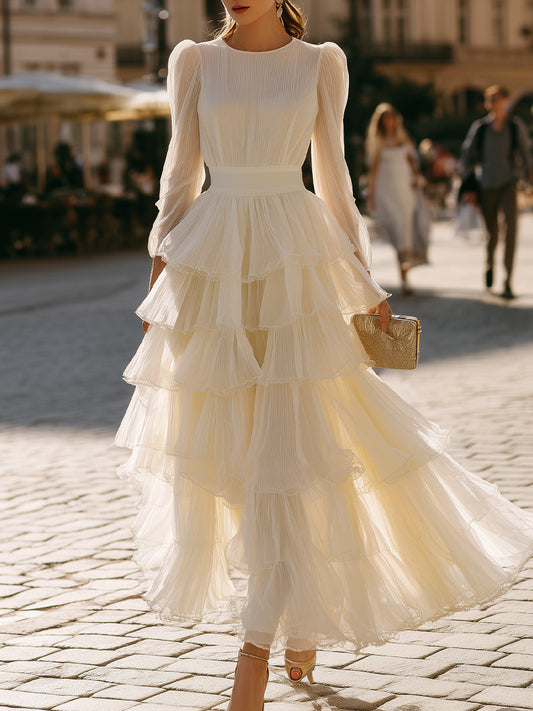 Tiered Ruffle Long Sleeve Pleated Maxi Dress