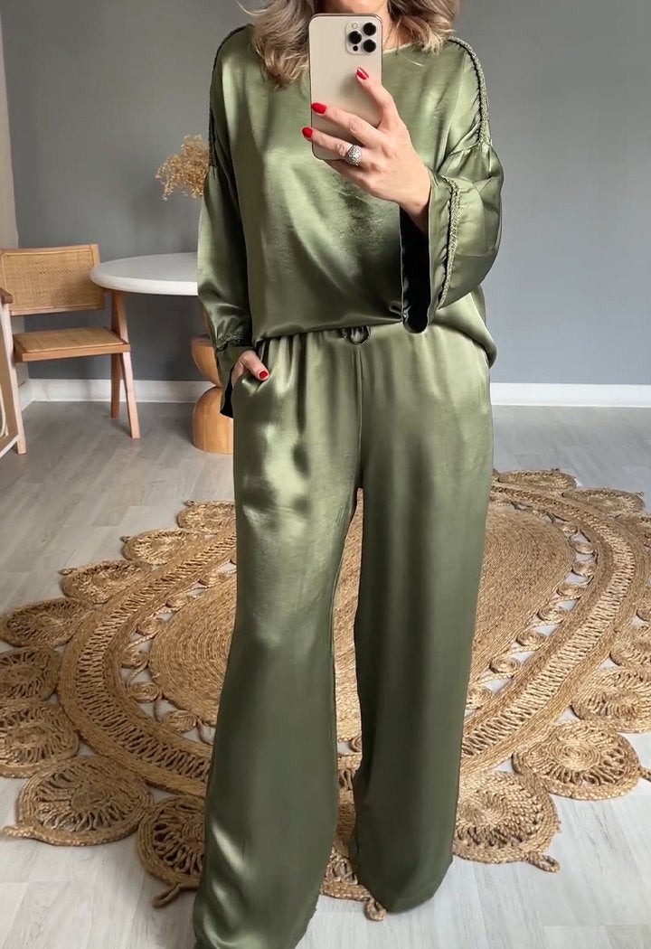 Satin Crew Neck Long Sleeve Two-piece Suit