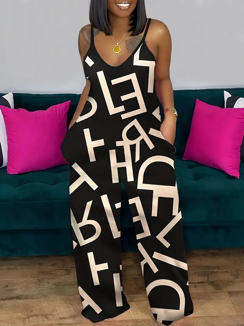 Women's Casual Crew Neck Fun Letter Print Jumpsuit