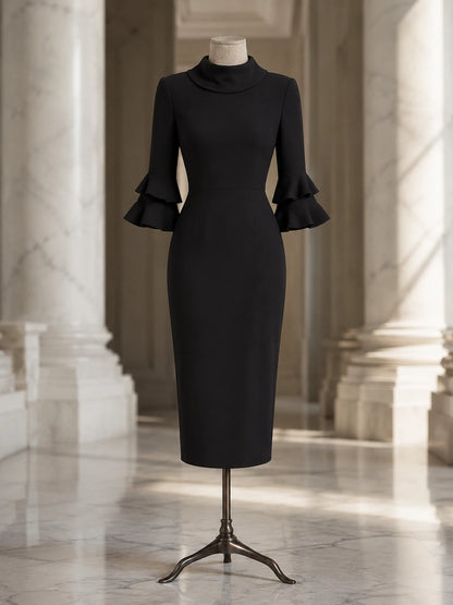 Black Cowl Neck Bodycon Midi Dress with Double Ruffle Sleeves – Office to Dinner