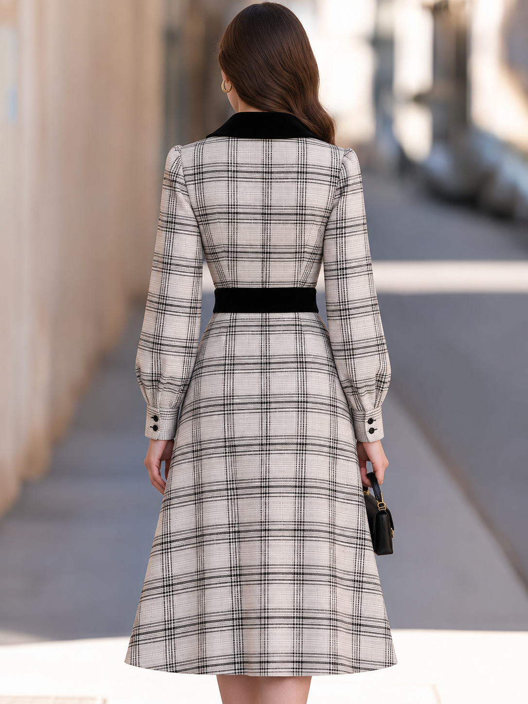 Plaid Wrap Midi Dress with Velvet Collar and Tie Belt