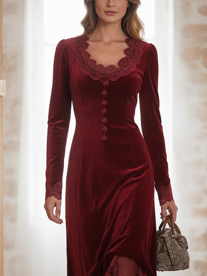Midi Cotton Dress, Long Sleeves, Scoop Neck, Plain, Lace, Vintage, Red
