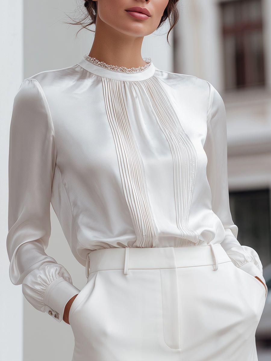 Pleated Front Satin Blouse With Refined Collar