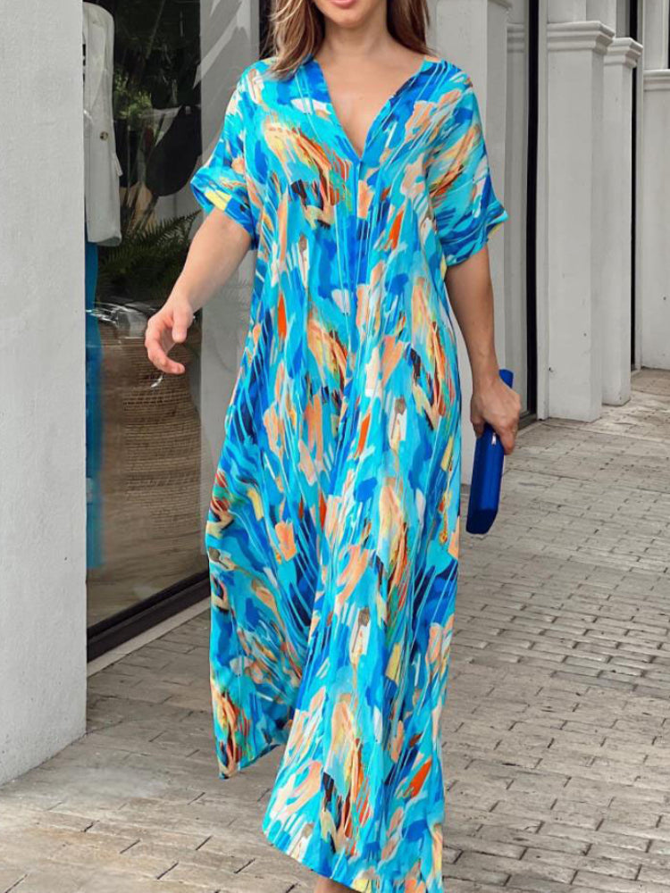 High Waist Printed Short Sleeve V-neck Maxi Boho Dress