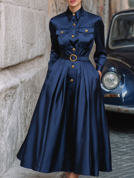 Midnight Satin Pleated Shirt Dress With Gold-Tone Button Detailing