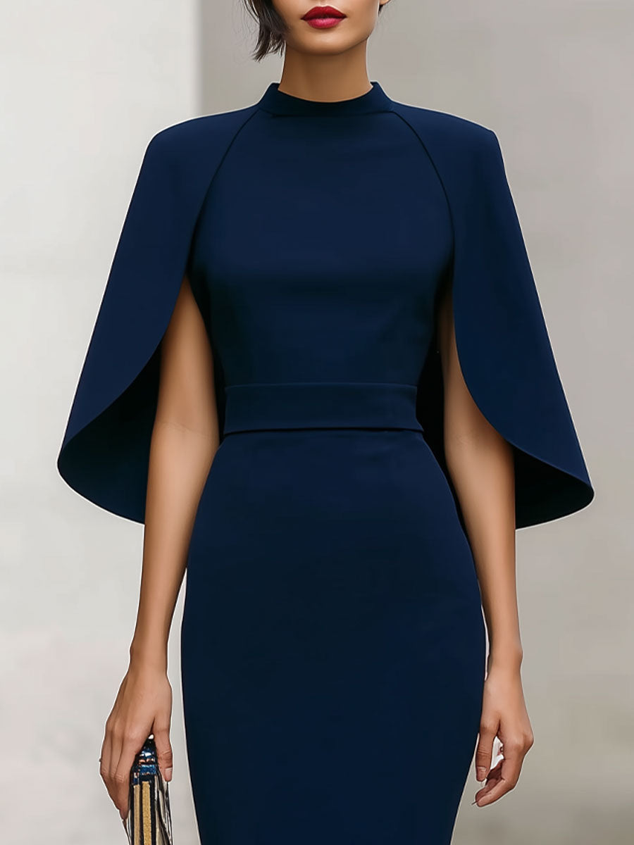 Elegant Navy Cape-Sleeve Midi Dress