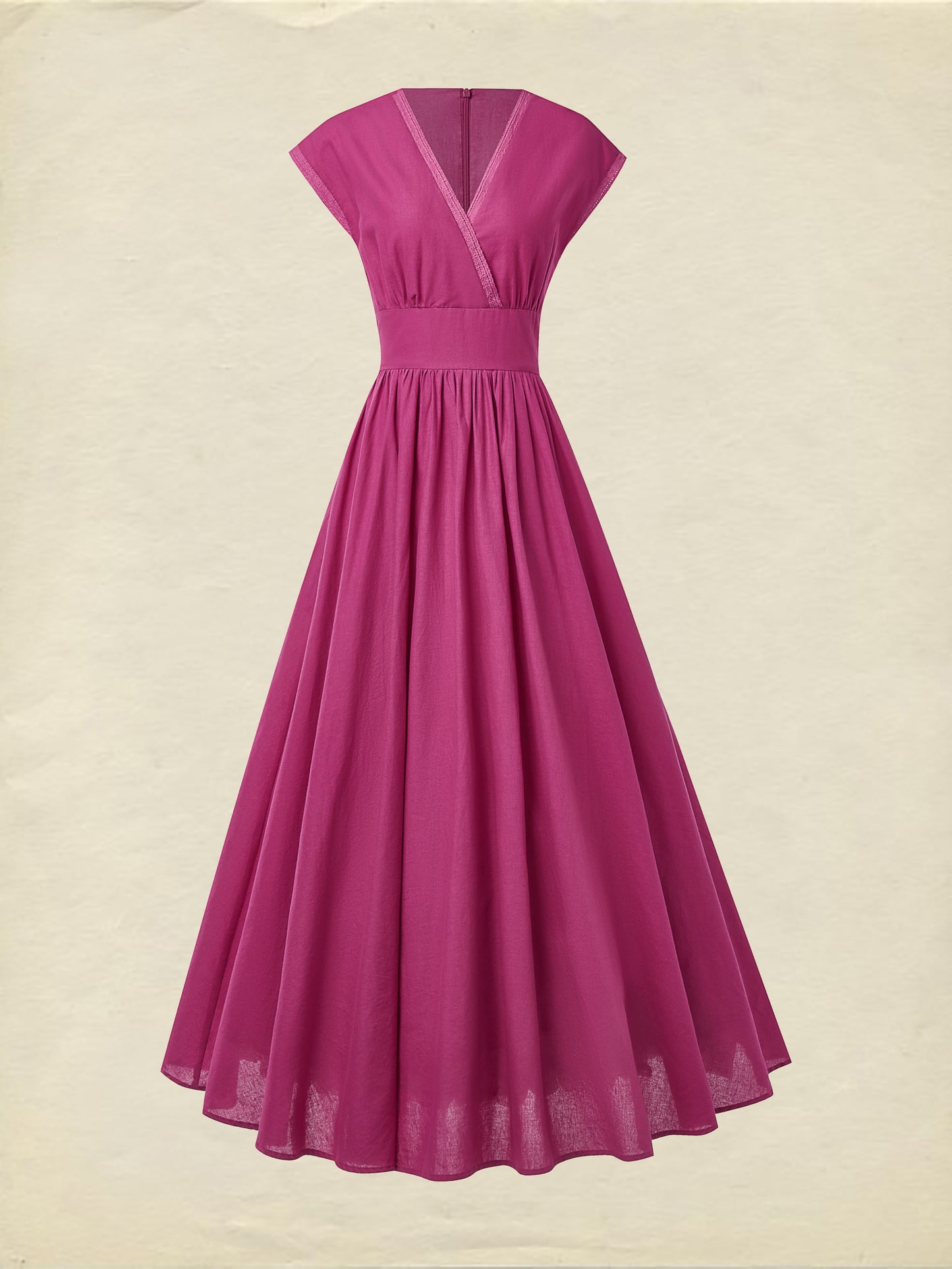 Maxi Linen Dress , Cap Sleeves, V Neck, Plain, Lace, Vintage, Rose Red