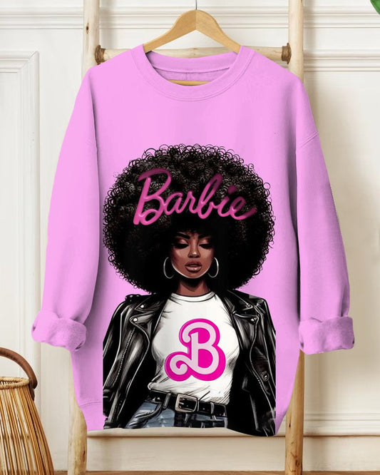 Women's Fashion Barbie Black Jacket Girl Print Long-sleeved Sweatshirt