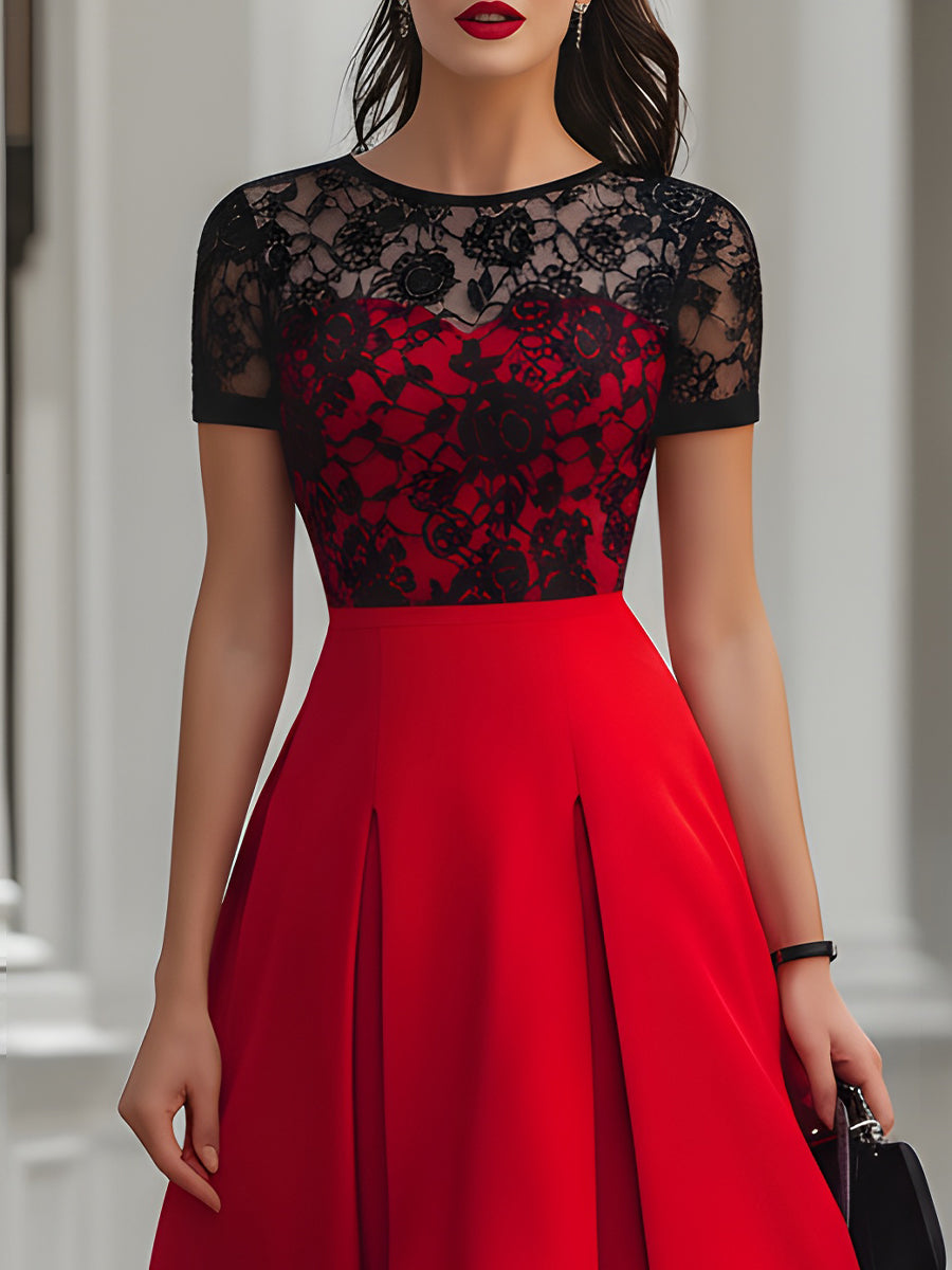 Red & Black Lace Fit-and-Flare Midi Dress