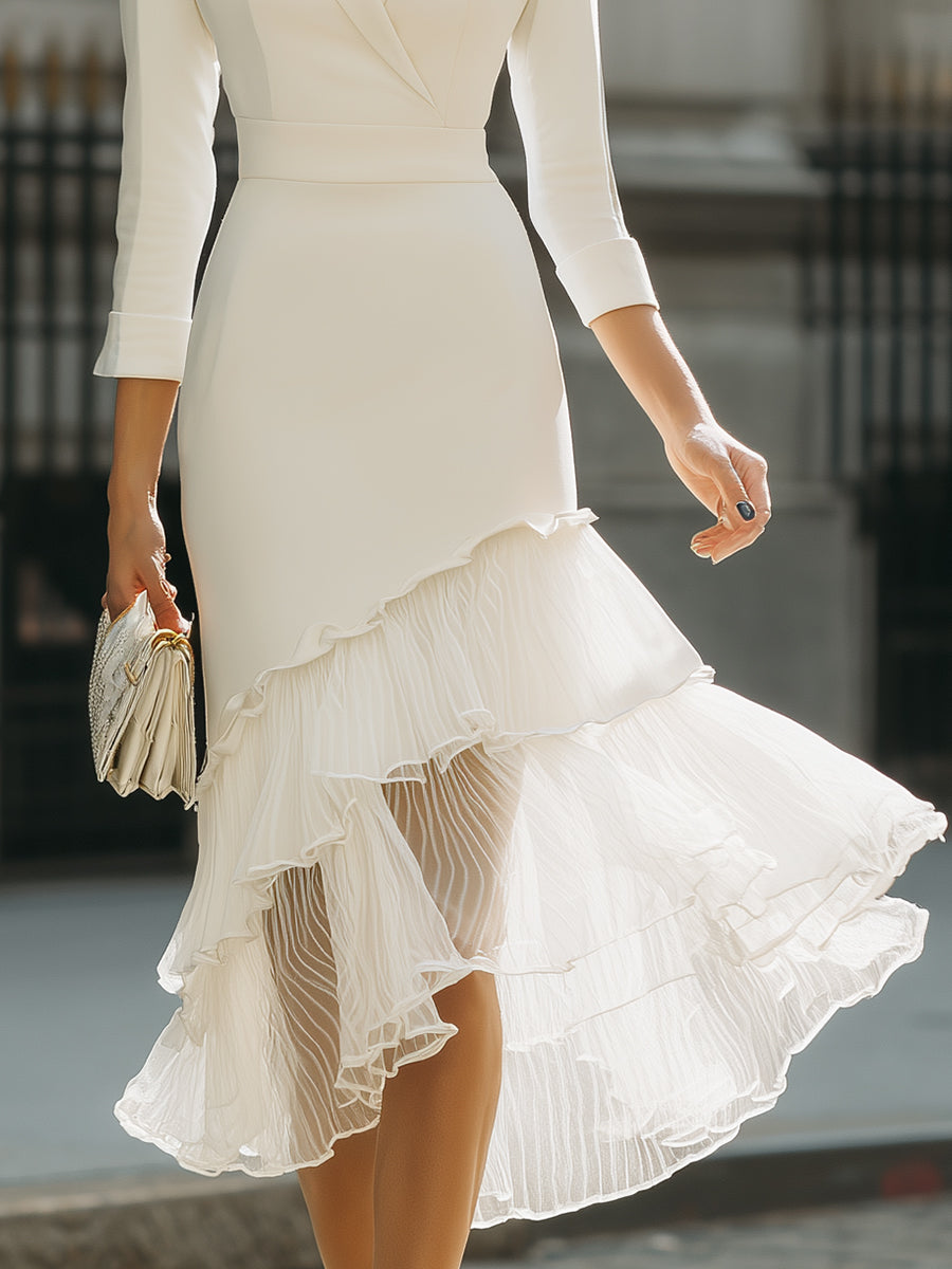Asymmetric Ruffled Hem Tailored Midi Dress