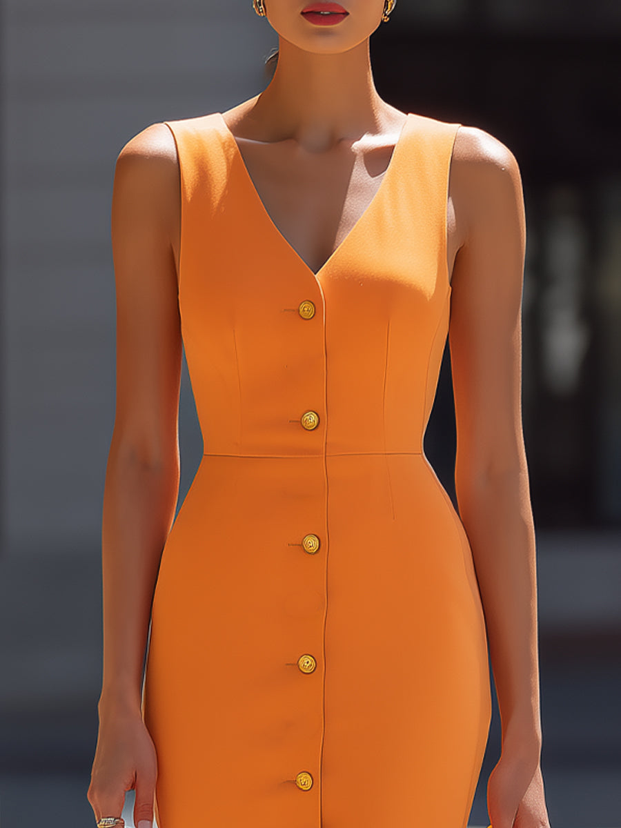 Sleeveless Button-Front Midi Sheath Dress