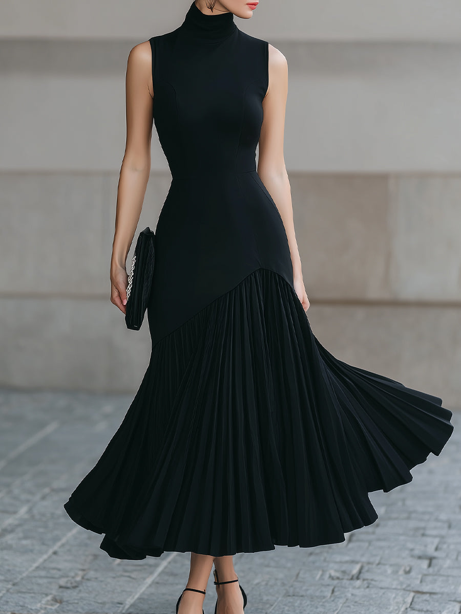 Black Pleated Midi Dress With Mock Neck