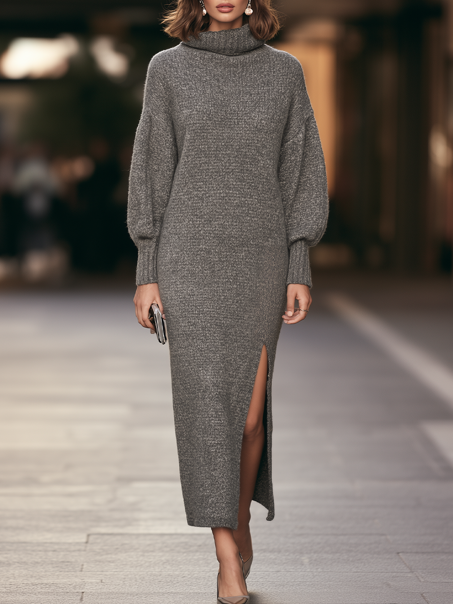 Turtleneck Balloon Sleeve Ribbed Knit Maxi Dress