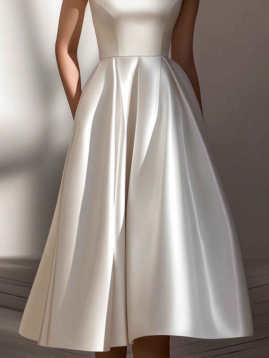 Off-Shoulder Satin Sculpted Midi Dress