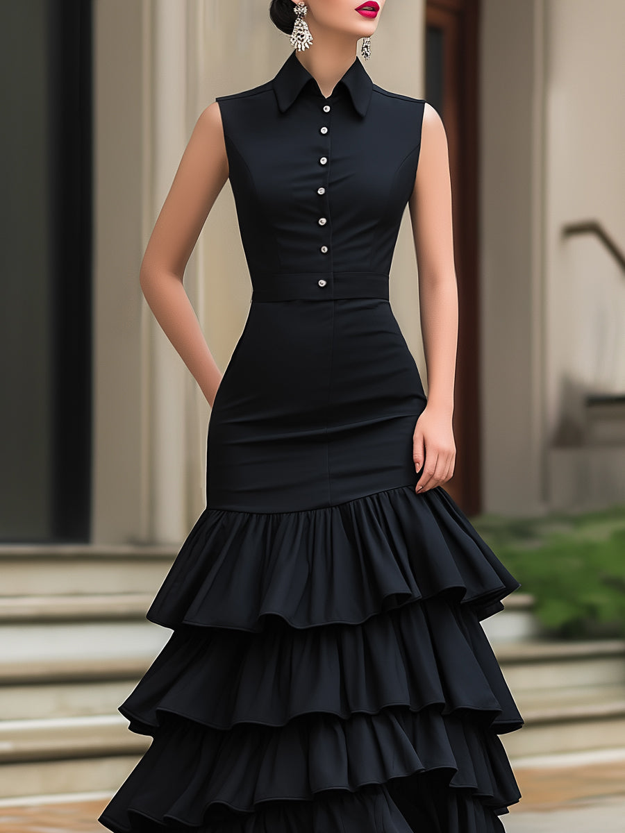 Sleeveless Button-Front Tiered Ruffle Maxi Dress