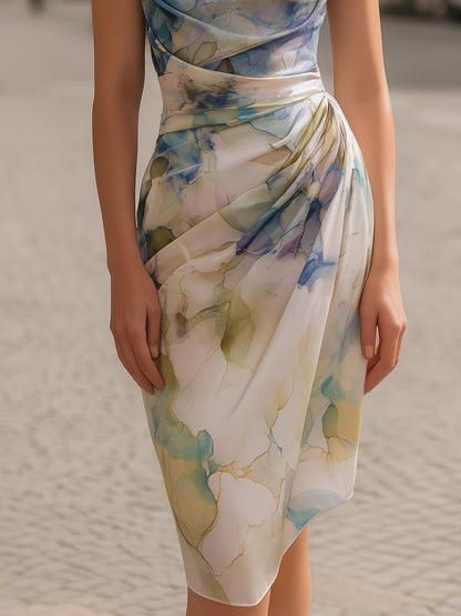 Enchanted Evening Draped Cowl-Neck Watercolor Midi Dress for Wedding Guests