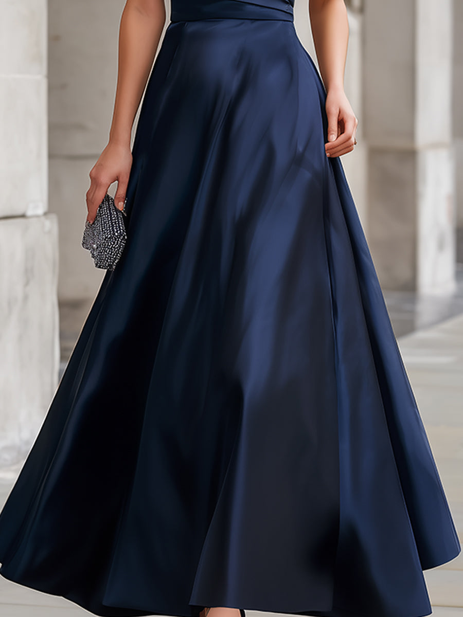 Navy Off-the-Shoulder Satin  Gown