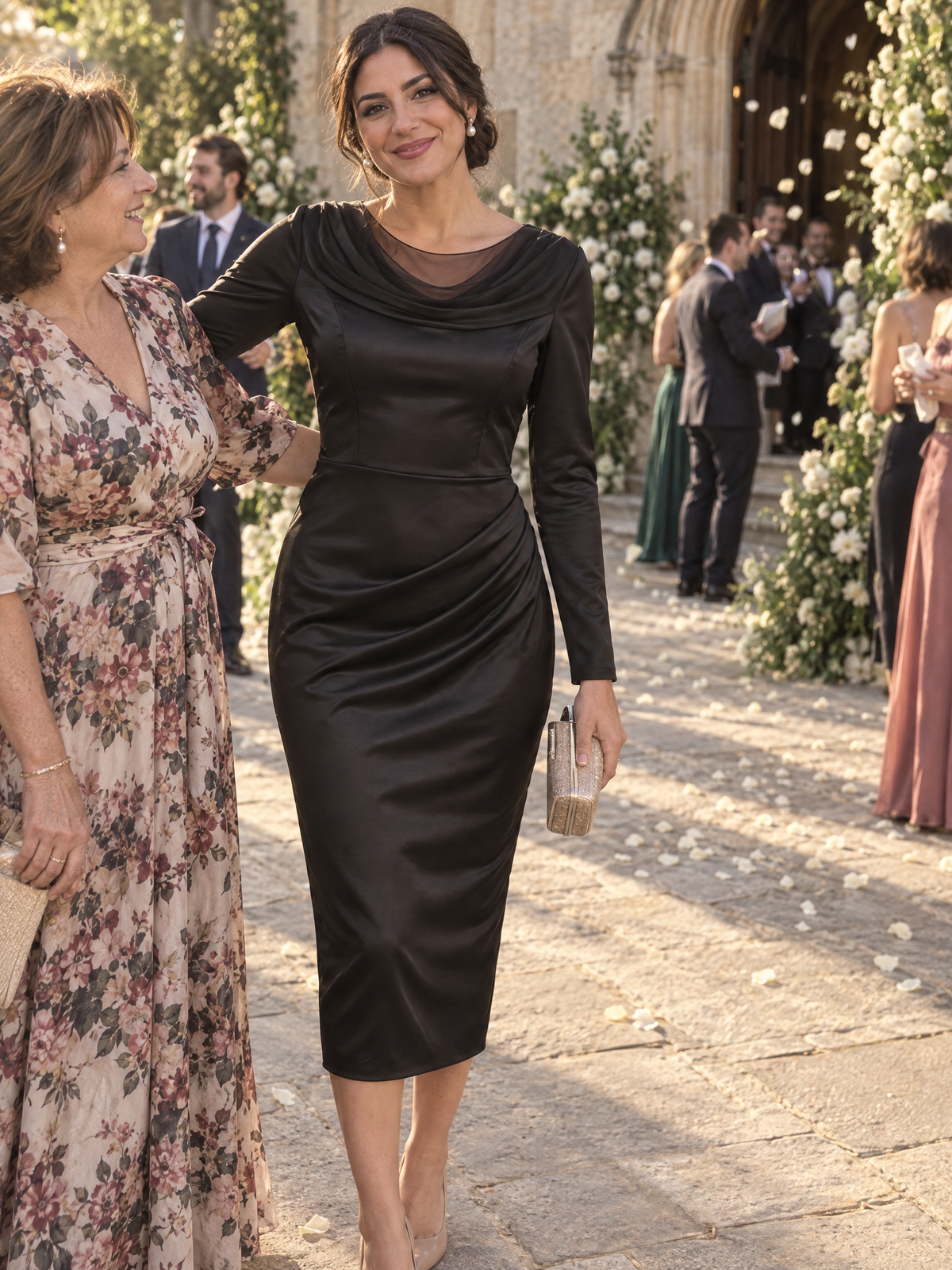 Satin Draped Mesh Cowl Neck Long Sleeve Midi Bodycon Dress
