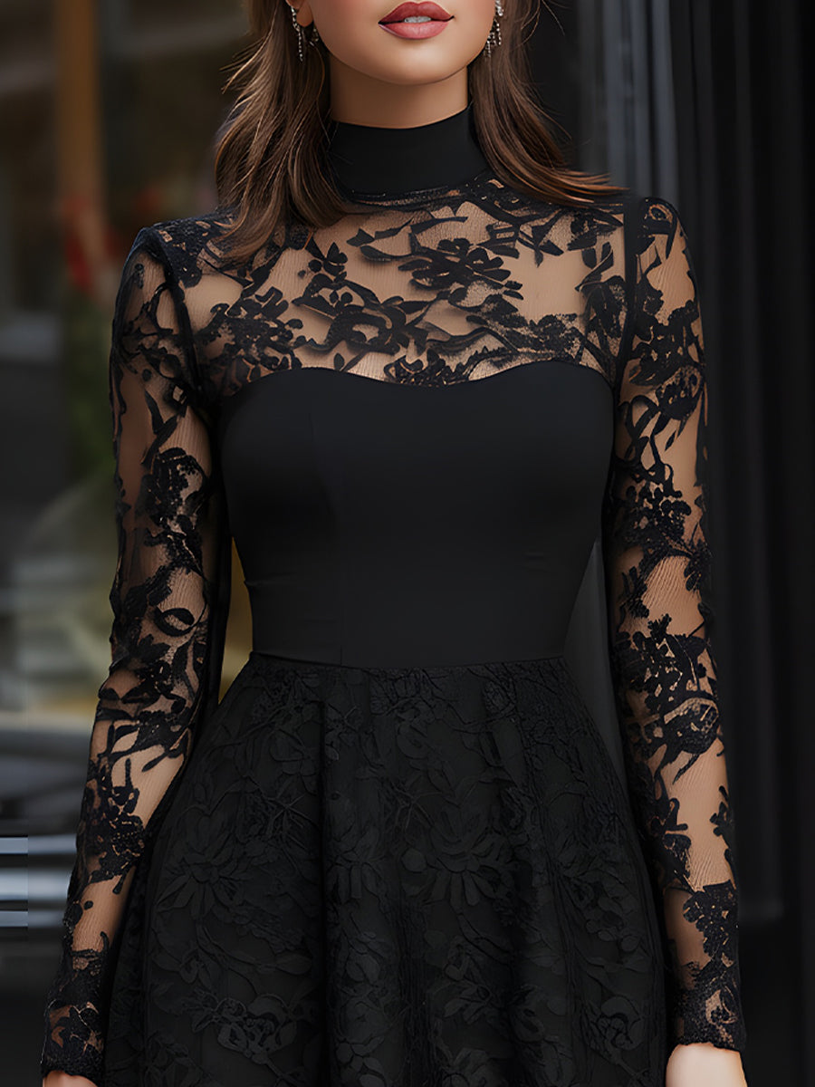 Black Lace High Neck Long Sleeve Mini Dress With Contrast Hem