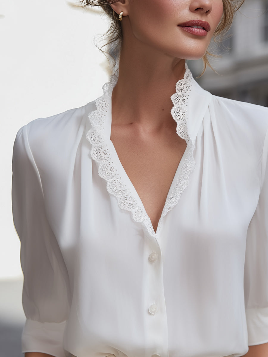 Lace-Trim V-Neck Button-Up Blouse