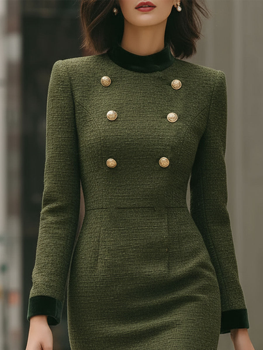 Elegant Olive Green Tweed Sheath Dress With Gold Buttons