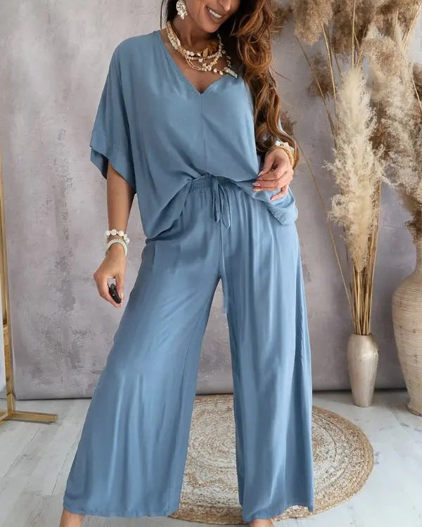 V-neck cotton lace casual suit