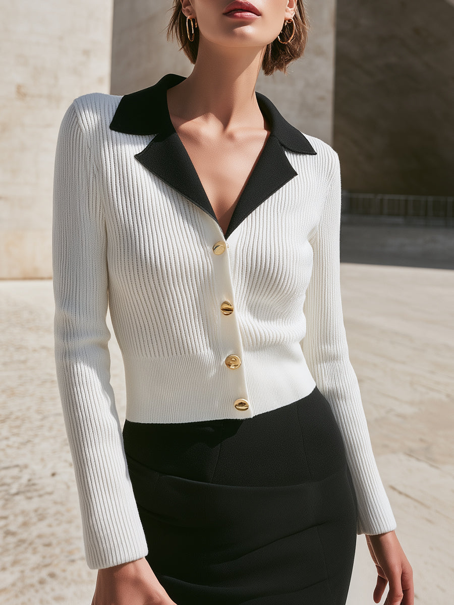 Contrast Collar Ribbed Knit Cardigan Top With Gold Buttons